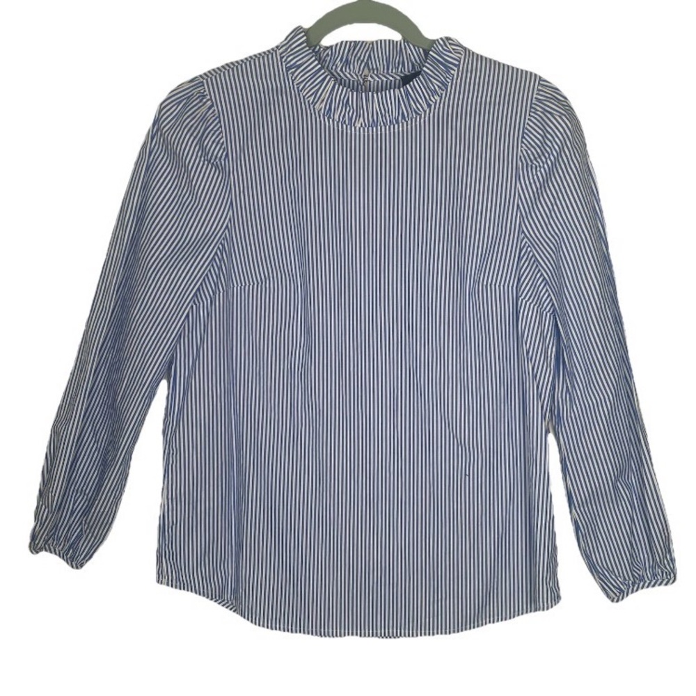 J. Crew Ruffle Neck Stripe Top in Blue and White Organic Cotton XS